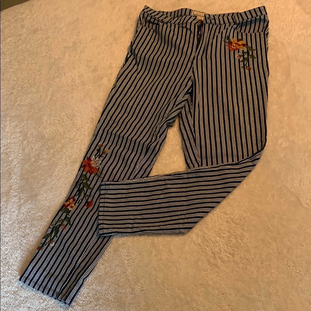 Flying Tomato Striped Pants with Floral Embroidery